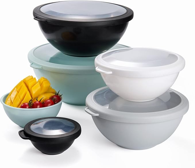 COOK WITH COLOR Mixing Bowls with TPR Lids - 12 Piece Plastic Nesting Bowls Set includes 6 Prep Bowls and 6 Lids, Microwave Safe Mixing Bowl Set (Mint)