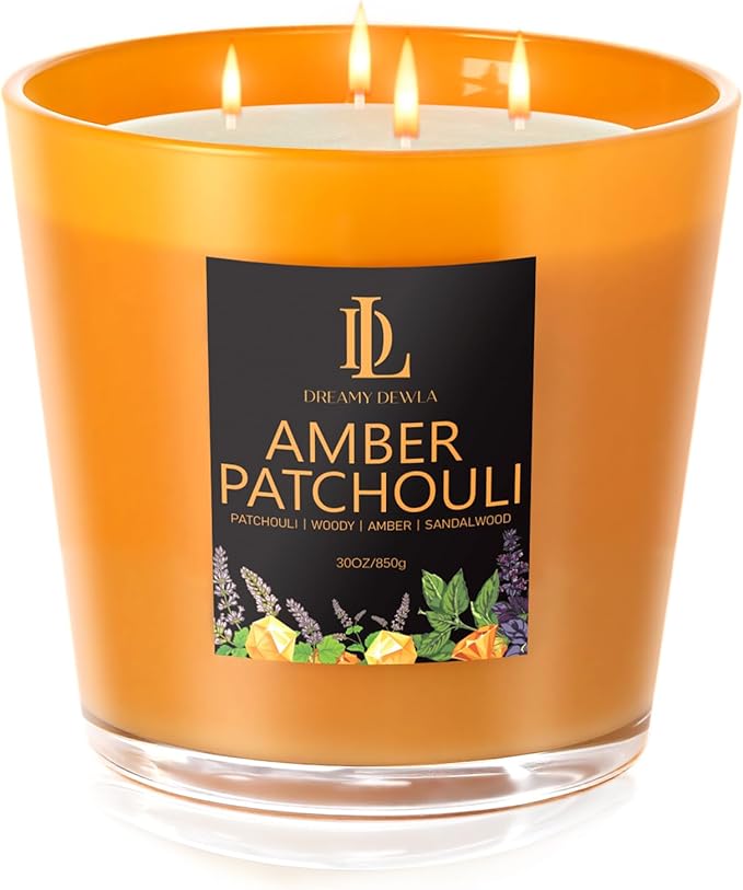 Amber Patchouli Scented Candle, Large 30oz Natural Soy Candles, 4-Wick 80 Hour Burn Time, Home Fragrance Candles Housewarming Gift for Women Men