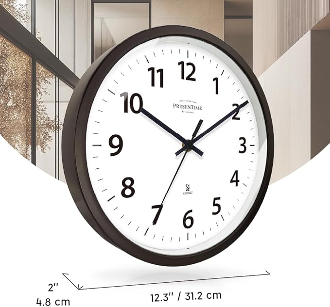 Presentime & Co 12" Atomic Wall Clock, Silent no Ticking, Automatically Sets Itself and Adjust to Daylight Saving Time by WWVB - Oil Rubbed Bronze Finish. (Home Office)