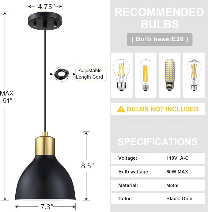 2 Pack 1 Light Industrial Hanging Indoor 7.3" Kitchen Island Black Pendant Ceiling Light Fixtures Brushed Bronze Finish,Drum Metal Shade for Bar Dining Room Living Room Over Sink