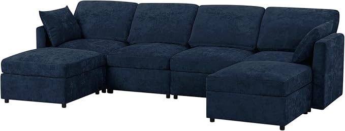 110” Chenille 4 Seats Sofa W/2 Movable Ottoman, Modern Fabric U-Shaped Couch with Soft Backrest, Upholstered Sectional Sofa with Armrest Pillows for Living Room, Office, Blue