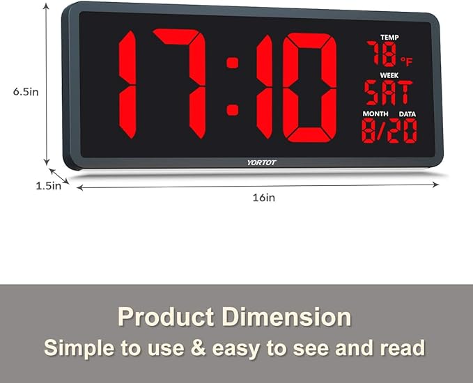 YORTOT 16β Large Digital Wall Clock with Remote Control - Adjustable Dimmer, 7 Color Night Lights, Big LED Clock with Indoor Temperature, Date, Auto DST, 12/24Hour, Wall Mount/Foldable Stand
