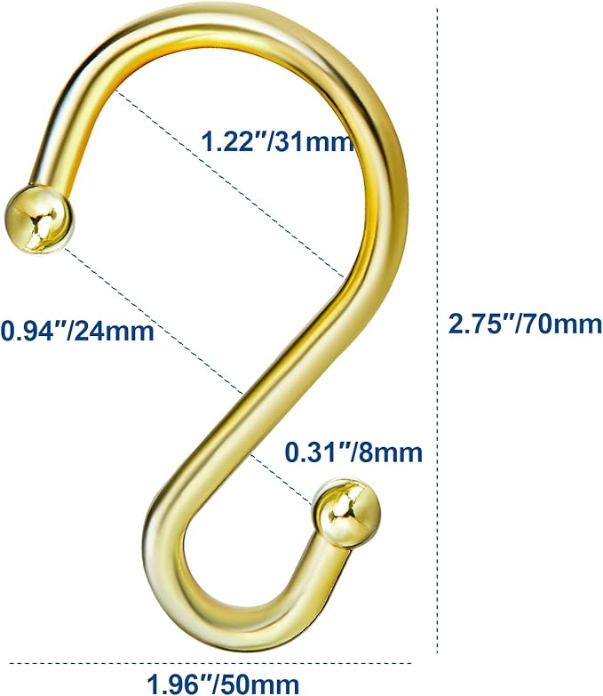 Shower Curtain Hooks Rings, Stainless Steel S Shaped Shower Hooks Rust Proof, Metal Shower Curtain Hangers for Shower Curtains, Kitchen, Wardrobe & Garden, Gold, Set of 12