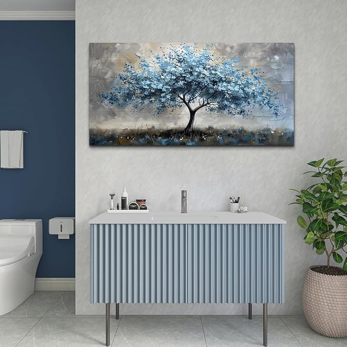 MHARTK66 Farmhouse Wall Art For Living Room Canvas Wall Decor For Bedroom Blue Tree Landscape Wall Pictures Artwork Large Stretched and Framed Canvas Paintings Ready to Hang for Office Home Decor