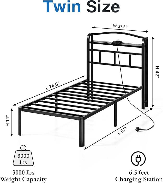 Twin Size Bed Frame - Storage Headboard with Charging Station & Galaxy Aurora Projector, 14 Inch Sturdy Metal Platform Bed Frame No Box Spring Needed, Easy Assembly, No Noise, Black