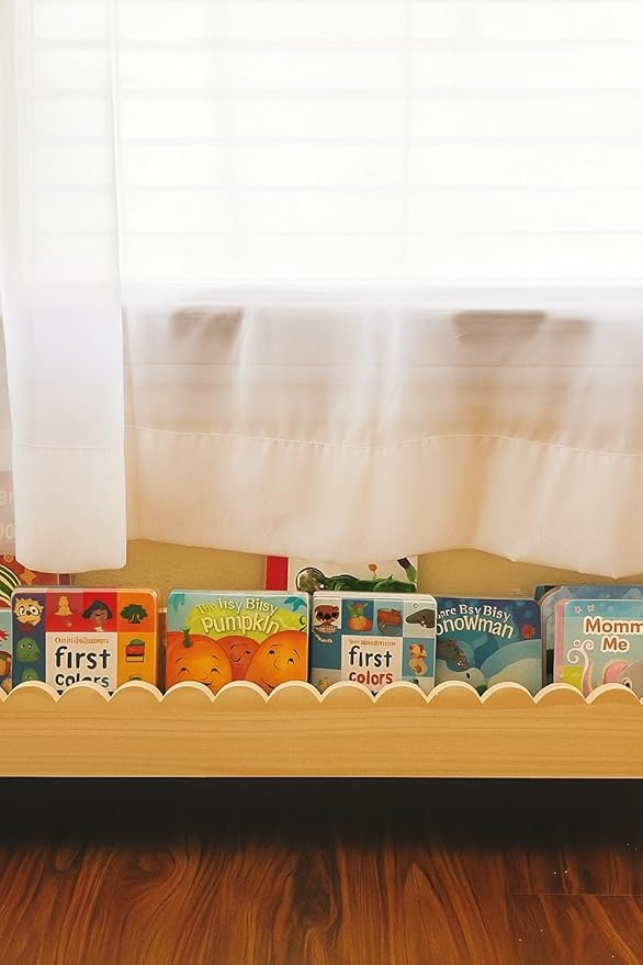 Scalloped Pine Bookshelf for Kids | Preassembled Montessori Wall Shelf | Drop-Resistant, Easy Install, 34" Wide, Nursery & Toddler Room Organizer