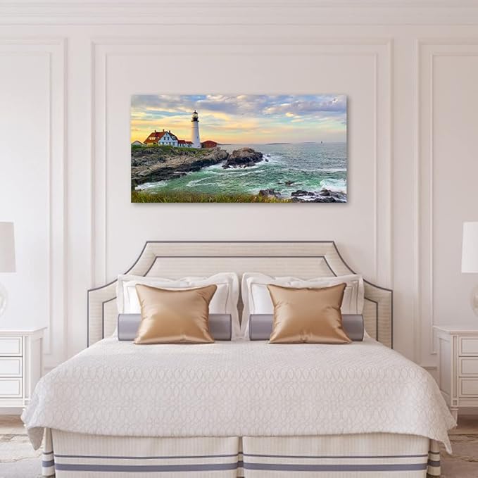 Sunset Lighthouse Canvas Wall Art for Living Room Wall Decor Sunset Seascape Canvas Pictures Ocean Canvas Prints Nature Canvas Artwork Office Home Wall Decorations Framed Ready to Hang 24" x 48"