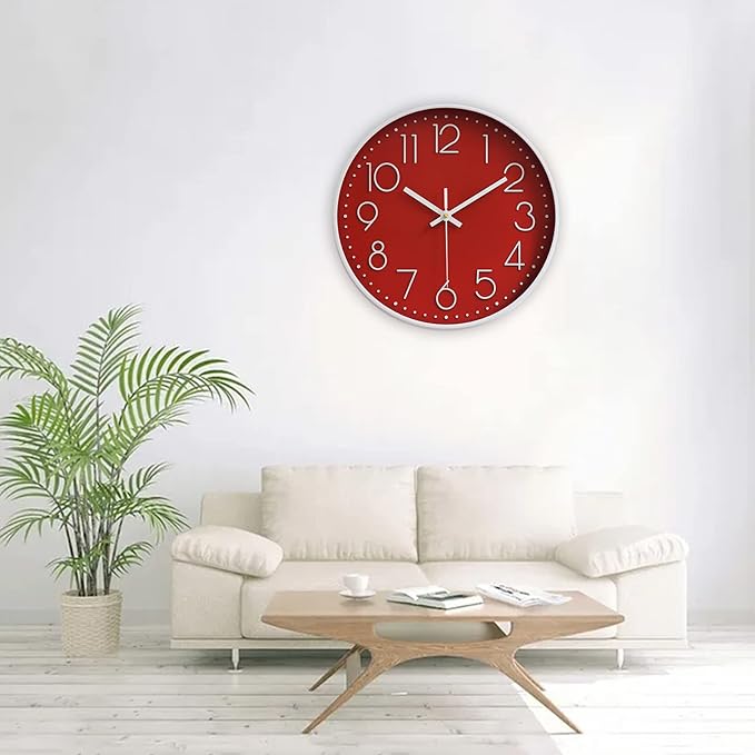 Wall Clocks Battery Operated Non-Ticking Red Clock 12 Inch Kitchen Wall Clock Quartz Silent Movement Large Decorative Clock Arabic Numerical for Home Office Decor - Red
