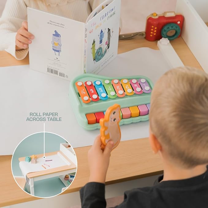 Art Table for Kids - 3 in 1 Kids Table and Chairs Set (2 Chairs Included), White Wooden Craft Table for Kids with Bookshelf and Paper Roller, Arts & Crafts Activity Table - Kids Art Table by Cal & Rye