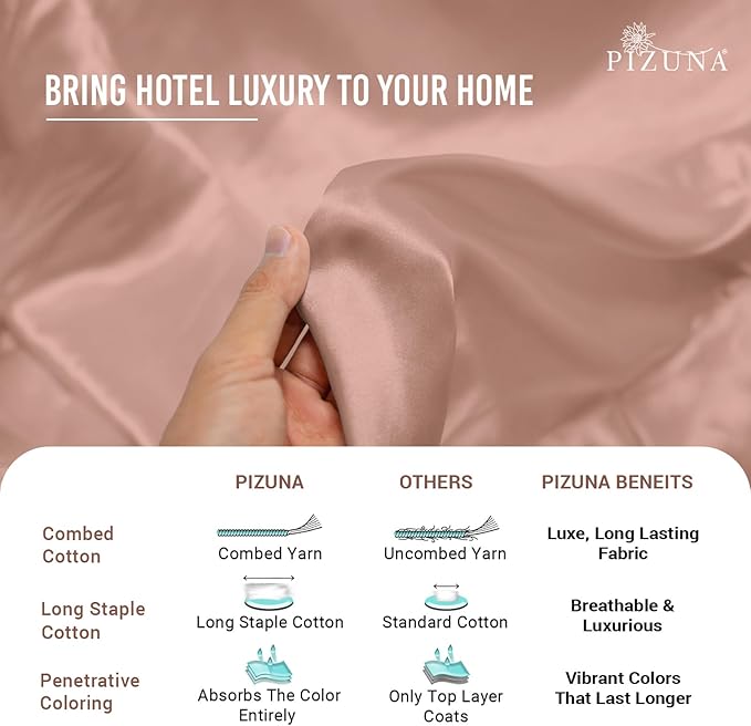 Pizuna Pure 100% Cotton Queen Duvet Cover Set, Luxurious 400 Thread Count Long Staple Cotton Sateen Weave with Button Closure (Combed Misty Rose Cotton Duvet Cover Queen)