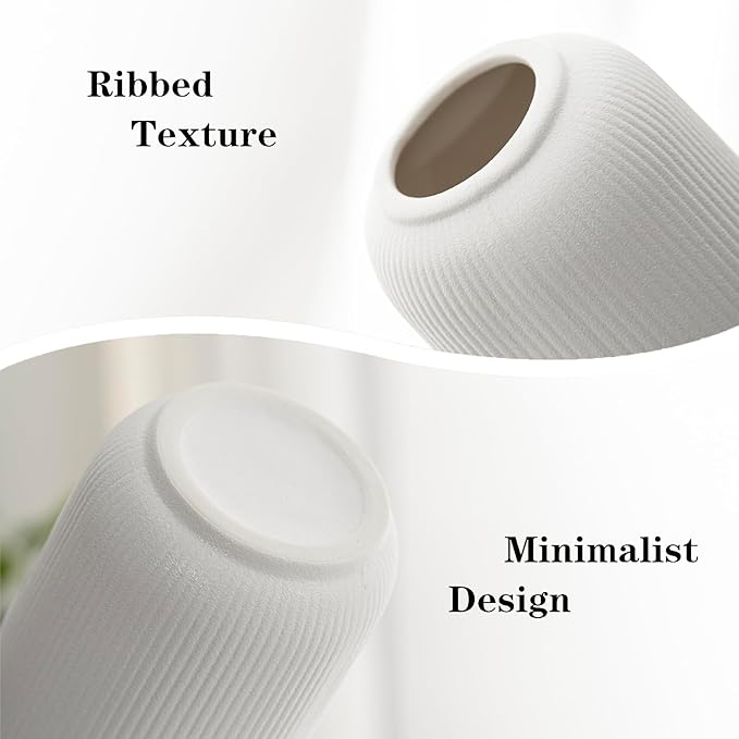 White Ceramic Vases for Flowers, 9.8 INCH Modern Small Ribbed Textured White Flower Vase for Home Decor, Pampas Grass, Decorative, Farmhouse, Coffee Table, Bookshelf and Home Living