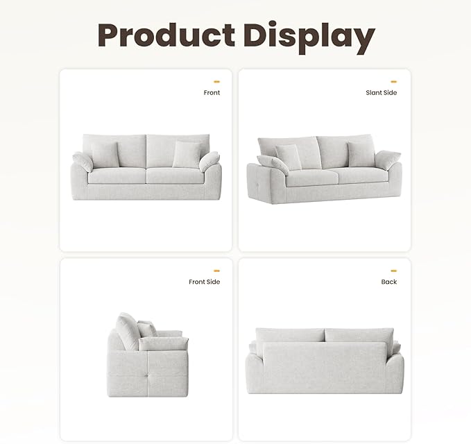 90" Boneless Loveseat Sofa, Cloud Foam Couch, 3 Seater Upholstered Midcentury Mondern Love Seat, Wide Armrest and 4 Pillows for Home Living Room/Small Spaces, No Assembly Required, Beige