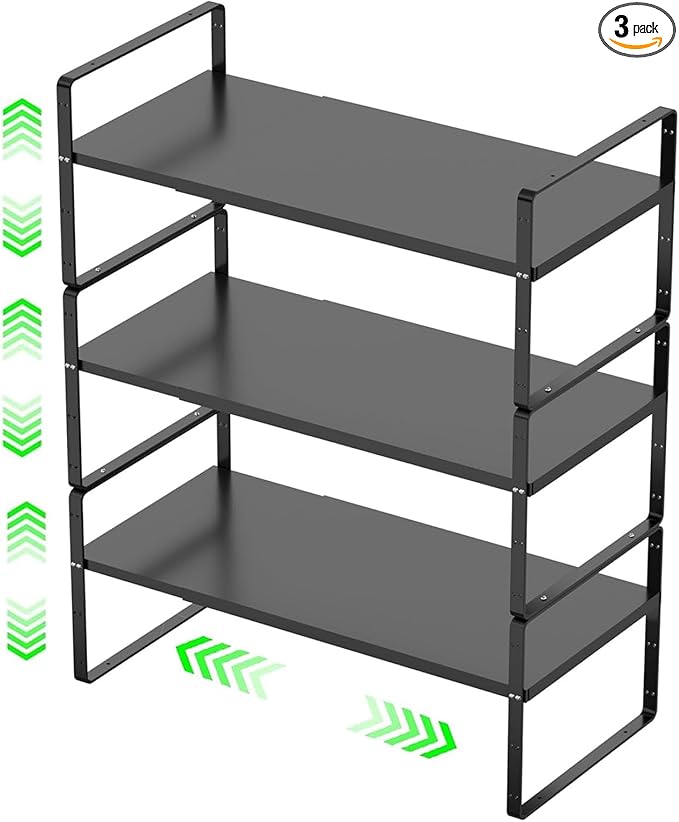 Expandable Kitchen Cabinet Storage Shelf, Stackable Metal Pantry Storage Shelves Organizer, Adjustable Height Counter Spice Rack for Kitchen Cabinet (Black - 16.5"-27" L x 10.2" W x 9.6" H - 3Pack)