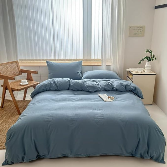 FACE TWO FACE Bedding Duvet Cover Set100% Washed Cotton Duvet Cover Linen Like Textured Breathable Durable Soft Comfy (King, Deep Gray Blue)