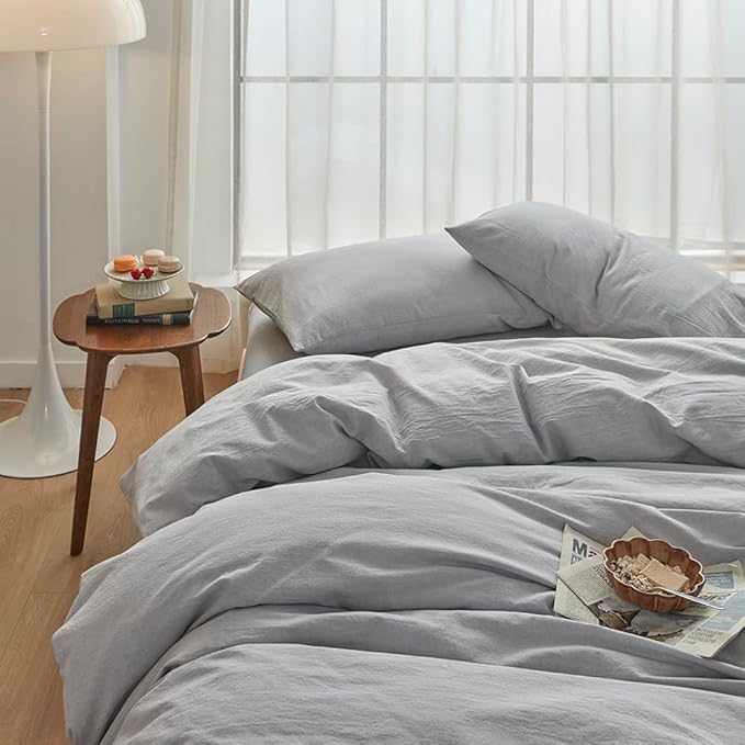 FACE TWO FACE Bedding Duvet Cover Set100% Washed Cotton Duvet Cover Linen Like Textured Breathable Durable Soft Comfy(California King, Lavender Grey)