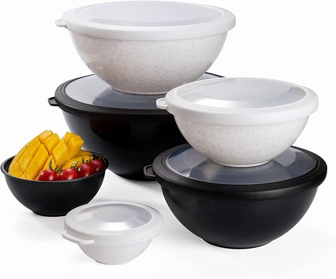 COOK WITH COLOR Mixing Bowls with TPR Lids - 12 Piece Plastic Nesting Bowls Set includes 6 Prep Bowls and 6 Lids, Microwave Safe Mixing Bowl Set (Black and White)