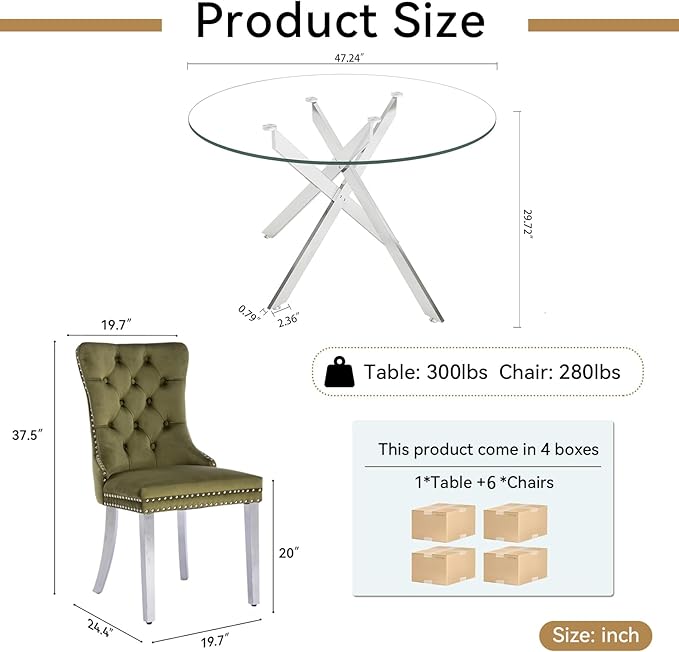 Goujxcy Round Dining Table Set for 6, Modern Glass Kitchen Table and Chairs Set of 6, 7-Piece Dining Room Table Set w/47 Circle Silver Glass Dining Table and 6 Upholstered Velvet Chairs