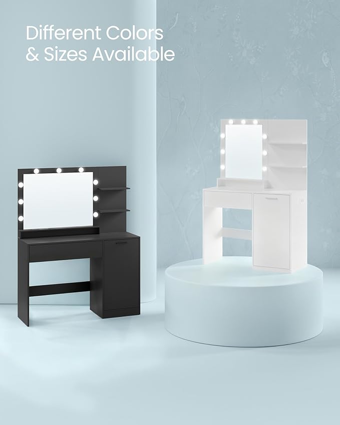 VASAGLE Kailyn Collection - Vanity Desk with Power Outlets and LED Lights, 35.4-Inch Wide Makeup Table with Mirror, Drawer and Cabinet, for Bedroom, Cloud White URDT128WB01V1S