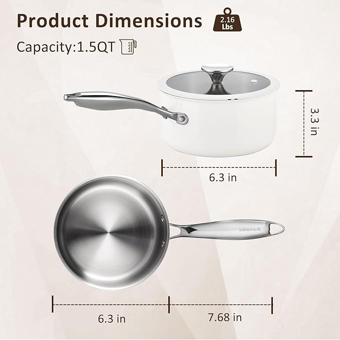 1.5 Quart Tri-ply Stainless Steel Saucepan with Glass Lid, Induction Sauce Pan Compatible with All Cooktops, Non-Toxic Sauce Pot with Stay Cool Handle, Oven & Dishwasher Safe