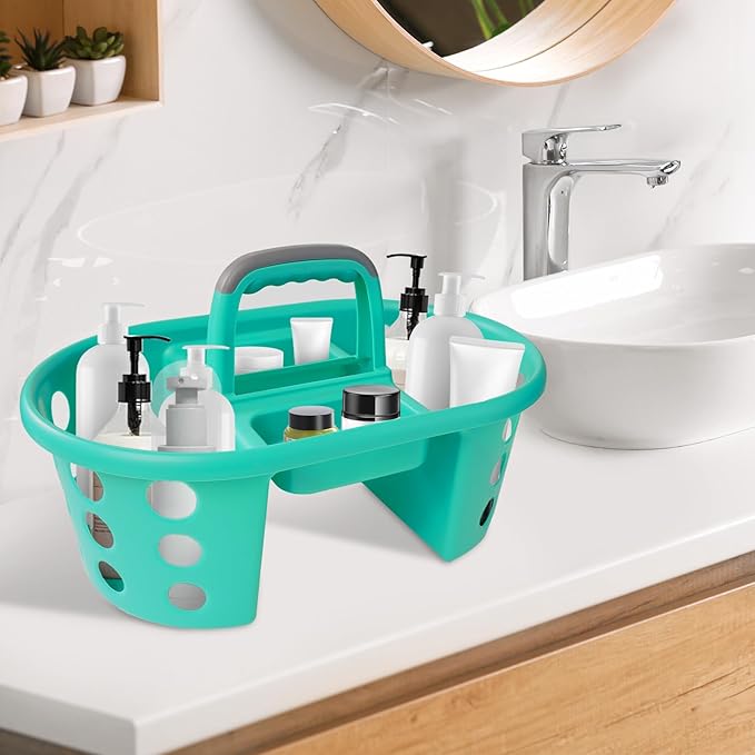 Large Shower Caddy Portable 2PC - Made in USA Plastic Jumbo Size Dorm Storage Candy Tote with Handle Shower Organizer for Bathroom, Pantry, Kitchen, College Dorm, Aqua