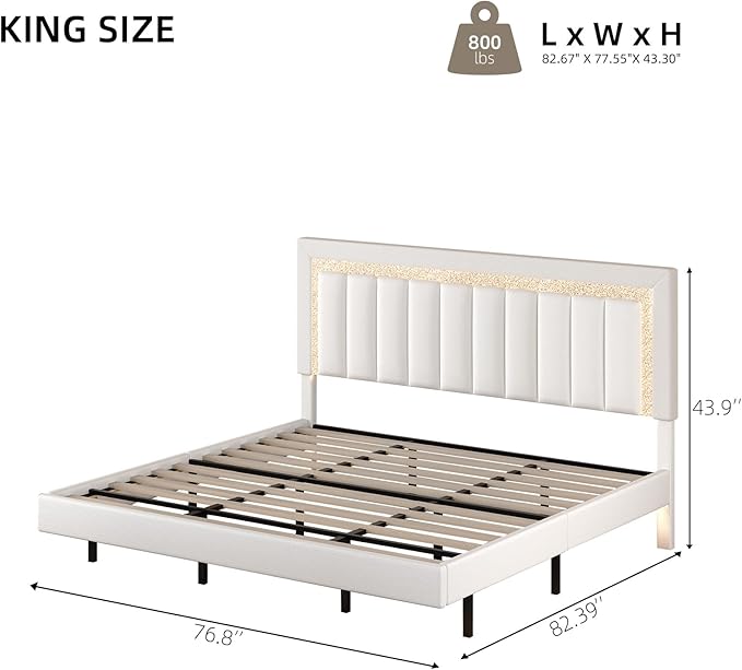 HOMBCK Floating Bed Frame King with Smart LED Lights, Faux Leather Upholstered Bed with Diamond PU Headboard, No Box Spring Needed, Noise-Free, Easy Assembly, White