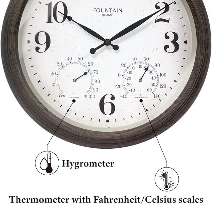 18 Inch Large Outdoor Clocks for Patio Large Waterproof with Thermometer,Outdoor Clock Thermometer Combo,Weatherproof for Patio,Pool and Garden Decor,Grey Oak