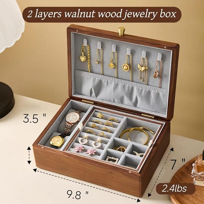 Bescott 2 Layer Solid Black Walnut Wooden Jewelry Box for Women Wood Vintage Organizer for Men Earrings Rings Necklaces Bracelet Watch Storage Mother's Day Gift
