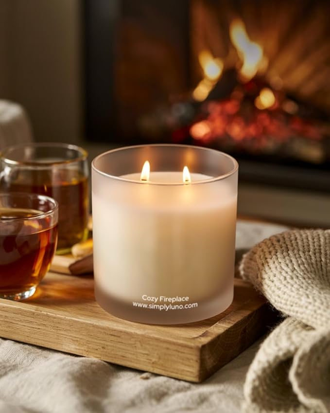 Cozy Fireplace Scented Candle – 14oz Soy Wax with Sandalwood & Mahogany – Long Lasting 50+ Hour Burn – Eco Friendly & Hand Poured – Luxury Gift Box in Reusable Jar with Bamboo Lid