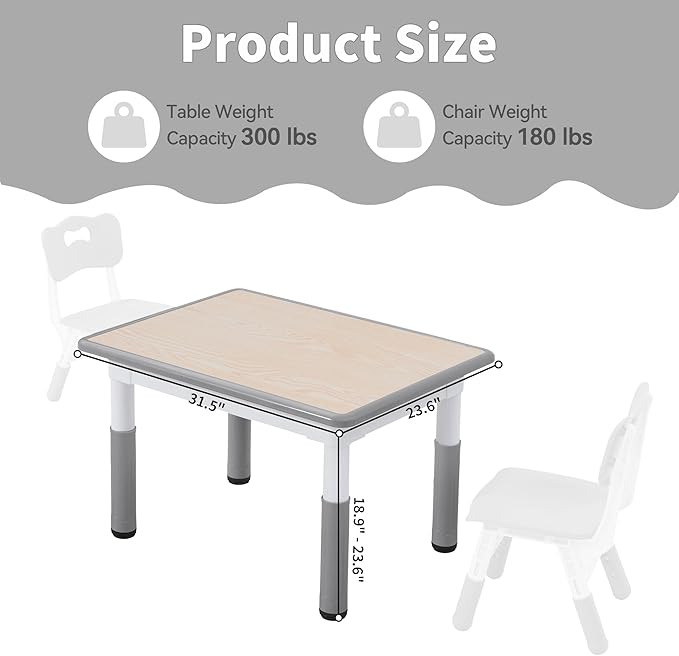 Adjustable Kids Table, Arts and Crafts Child Table with Graffiti Desktop, 7 Level Height Adjustable Children Table for Ages 3-8, Easy to Wipe Toddler Desk for Classrooms/Daycares/Homes