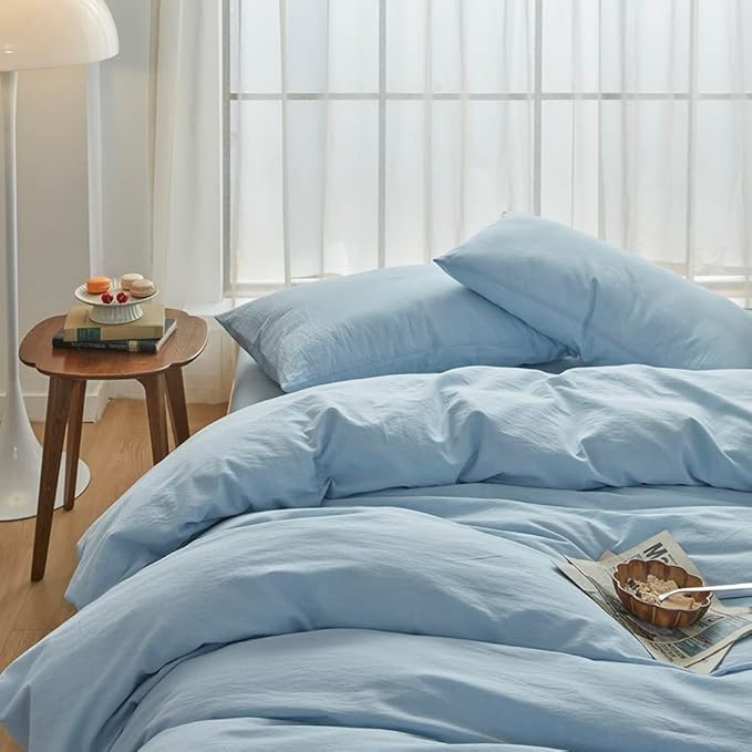 FACE TWO FACE Bedding Duvet Cover Set100% Washed Cotton Duvet Cover Linen Like Textured Breathable Durable Soft Comfy (King, Light Cyan)