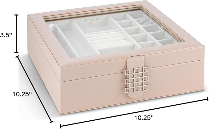 Co 28 Section Jewelry Box - 2 Layer - Buckle Snap & Magnet Closure - Large Glass Top - Leather Design - Sand - Jewelry Organizer for Women & Girls - for Earring Ring Necklace & Bracelet