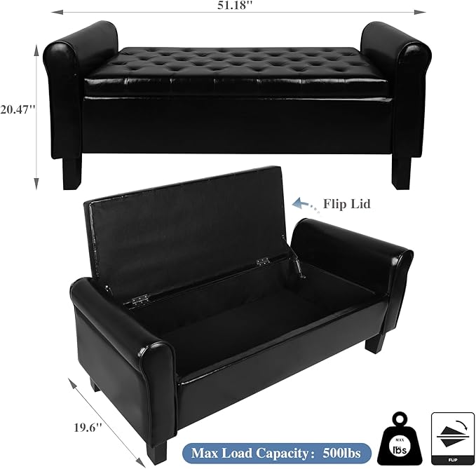 Storage Ottoman Bench with Arms, End of Bed Bench for Bedroom, Button Tufted for Entryway, Living Room,Hallway, Foot Rest (Black)