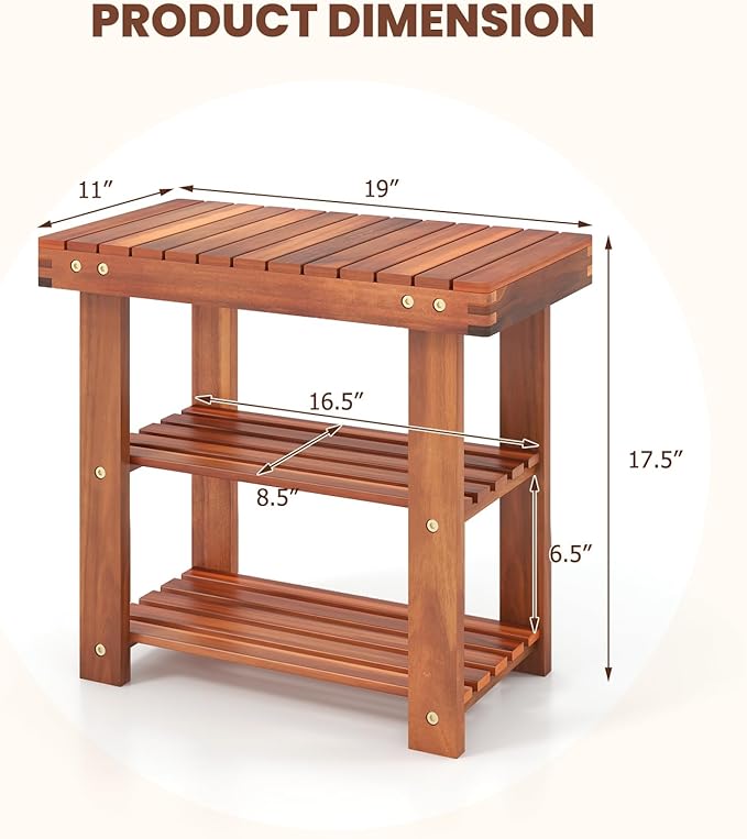 Tangkula Acacia Wood Shoe Rack Bench, 3 Tier Sturdy Bench, Storage Organizer, Holds up to 180lbs for Entryway, Bedroom, Living Room, Balcony, Teak Color (19-inch)