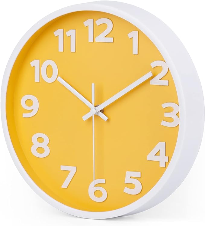 10 Inch Yellow Modern Wall Clock Silent Non-Ticking Battery Operated Wall Clocks for Home Office School Decor,3D Numbers Easy to Read