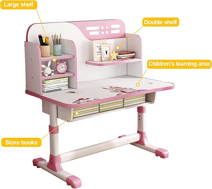 Study Desk with Chair, Height Adjustable Kids Desk and Chair Set, Widened Children Desktop, Children Learning Desk and Chai Set with Spacious Storage Drawer, Pink Desk Chair for Girls (Pink-C)