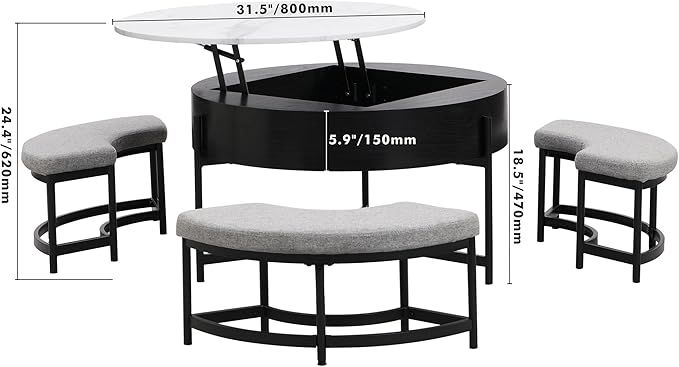 WILLIAMSPACE 31.5" Lift Top Coffee Table Set with Storage & 3 Upholstered Nesting Ottoman, Modern Round Marble Coffee Table Accent Center Table for Living Room, Apartment, White & Black