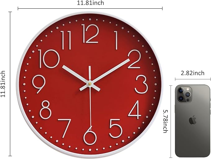 Wall Clocks Battery Operated Non-Ticking Red Clock 12 Inch Kitchen Wall Clock Quartz Silent Movement Large Decorative Clock Arabic Numerical for Home Office Decor - Red