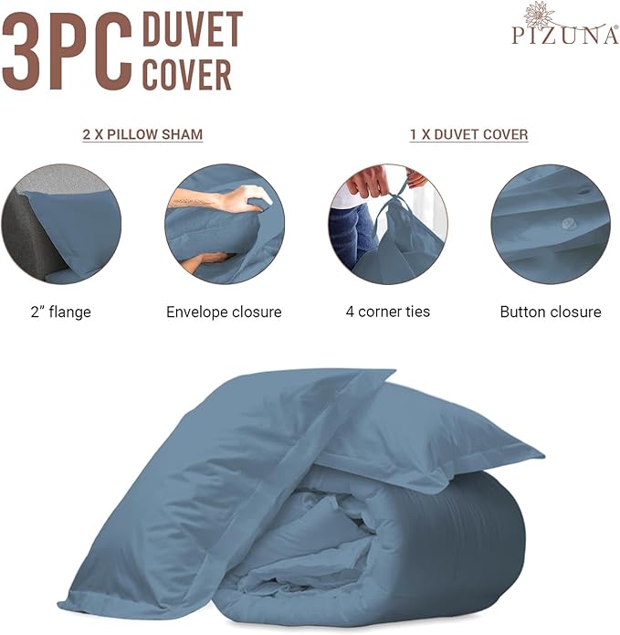 Pizuna Pure 100% Cotton Queen Duvet Cover Set, Luxurious 400 Thread Count Long Staple Cotton Sateen Weave with Button Closure (Combed Dusty Blue Cotton Duvet Cover Queen)