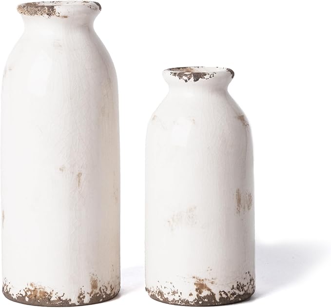 VICTOR & TERESA White Ceramic Vases Home Decor, Farmhouse Vase for Flowers, Flower Vase Set of 2, Rustic Decorative Vases for Pampas Grass, Table, Living Room, Shelf, Centerpieces, 8 inch