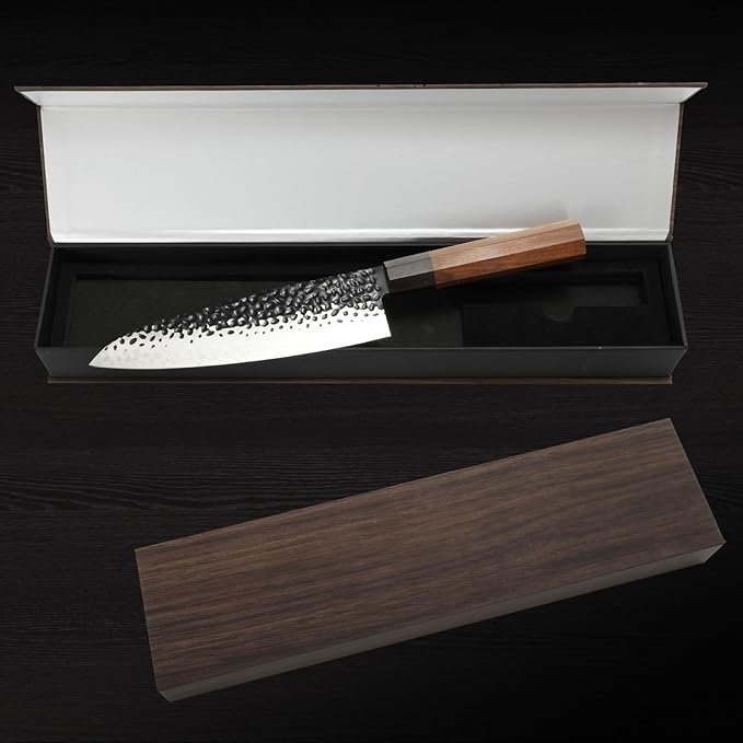 8 Inch Japanese Gyuto Chef Knife-3 Layers 9CR18MOV High Carbon Kitchen Knife, Professional Hand Forged Meat Sushi Kitchen Knife with Rosewood Handle & Gift Box
