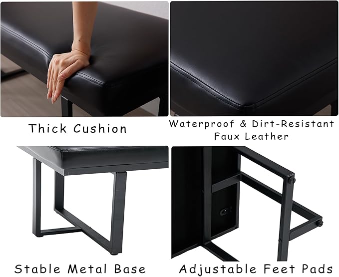 45" Modern Ottoman Bench for Bedroom, Black Faux Leather Upholstered Entryway Bench with Soft Cozy Cushion End of Bed Bench Kitchen Bench with Black Metal Frame for Living Room/Window/Hallway