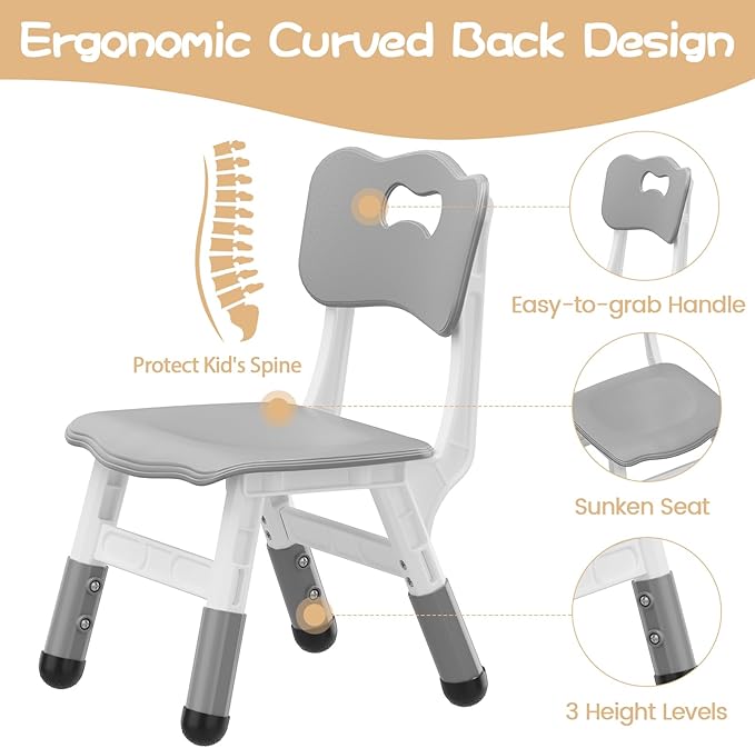 Kids Chair, 3 Level Height Adjustable Kid Chair, Plastic Toddler Chairs for Children Boys Girls Age 2-6, Suitable for Home Family Classroom Nursery Indoor Use (2 Pack, Grey)
