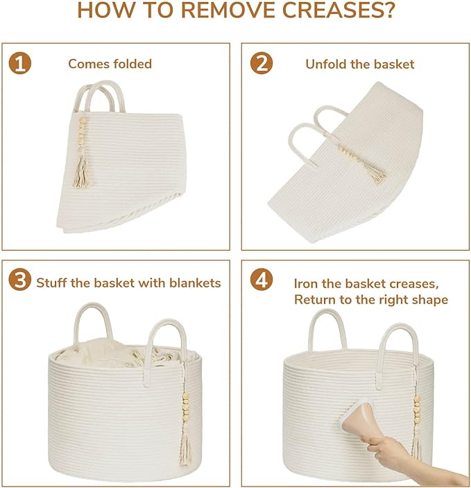 Goodpick Large Laundry Basket Decorative White Basket for Blankets, Baby Storage Basket for Nursery, Living Room, Bedroom, Big Rope Hamper 17.7 x 12.6 Inches, White