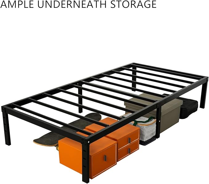 Twin XL Bed Frame 18 inch Tall, 3500lbs Heavy Duty Metal Platform with Steel Slats Support, 18-inch Bedframe with Ample Storage, No Box Spring Needed, Sturdy and Noise-Free, Black