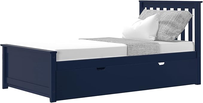Max & Lily Twin Bed, Wood Bed Frame with Headboard For Kids with Trundle, Slatted, Blue