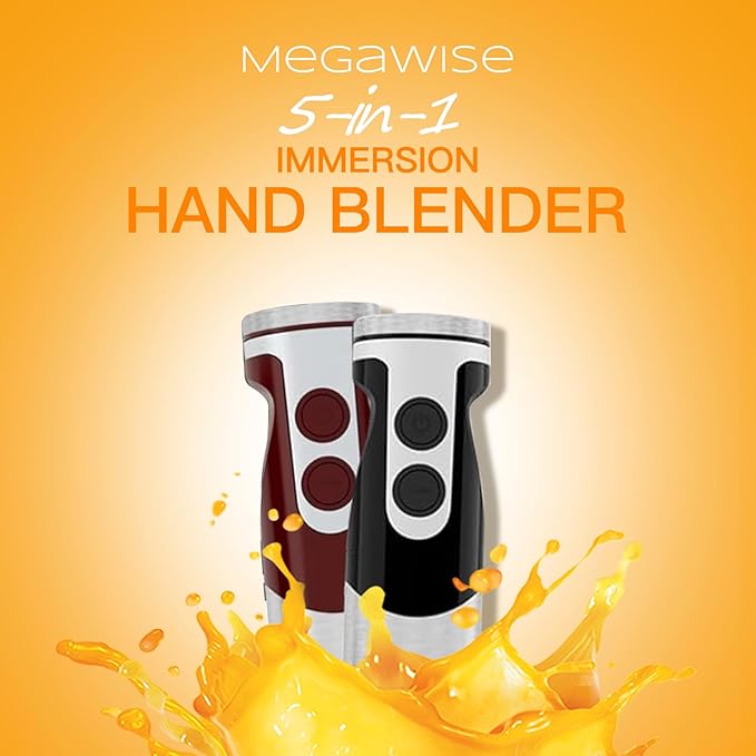 MegaWise Pro Titanium Reinforced 5-in-1 Immersion Hand Blender, Powerful Motor with 80% Sharper Blades, 12-Speed Corded Blender, Including 500ml Chopper, 600ml Beaker, Whisk and Milk Frother (Black)