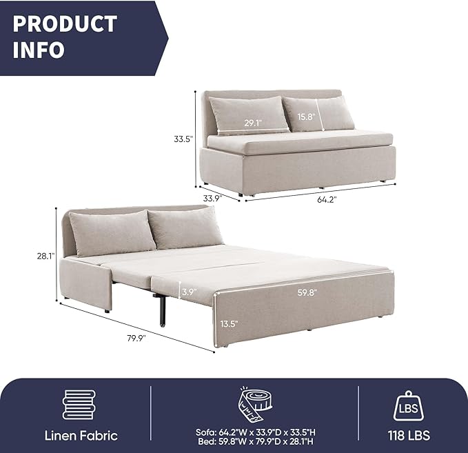 Queen Size Sofa Bed, Pull Out Sofa Bed with Cushions & Throw Pillows, Linen Couch Beds, Modern Convertible Sleeper Sofas Beds, Loveseat for Living Room for Small Spaces - Beige