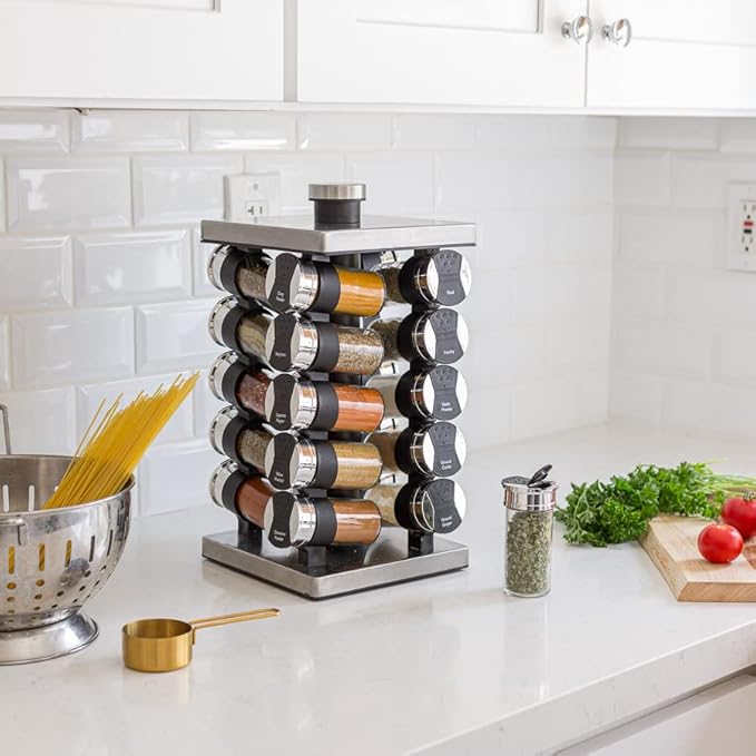 Orii 20 Jar Spice Rack with Spices Included - Tower Organizer for Kitchen Spices and Seasonings, (Silver Black)