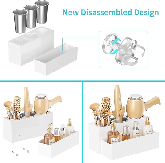 HIIMIEI Hair Tool Organizer, Acrylic Hair Dryer Holder, Bathroom Countertop Blow Dryer Stand Storage, Vanity Organizer for Accessories, Makeup, Flat Irons, Curling Irons, and Toiletries (White)