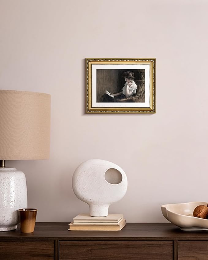 VIYYIEA Gold Framed Wall Art Canvas Print Home Decor Portrait Art Woman Sitting Reading Vintage Art Room Aesthetic Mid Century Lady Elegant Print Farmhouse Oil Painting Wall Decor for Bedroom 11x14in